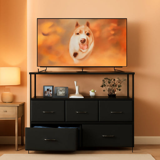 5 Fabric Drawer Dresser TV Stand for Bedroom, Entertainment Center for 45 Inch TV with Storage Drawer Unit, Open Shelf, Adjustable Feet, Living Room, Black