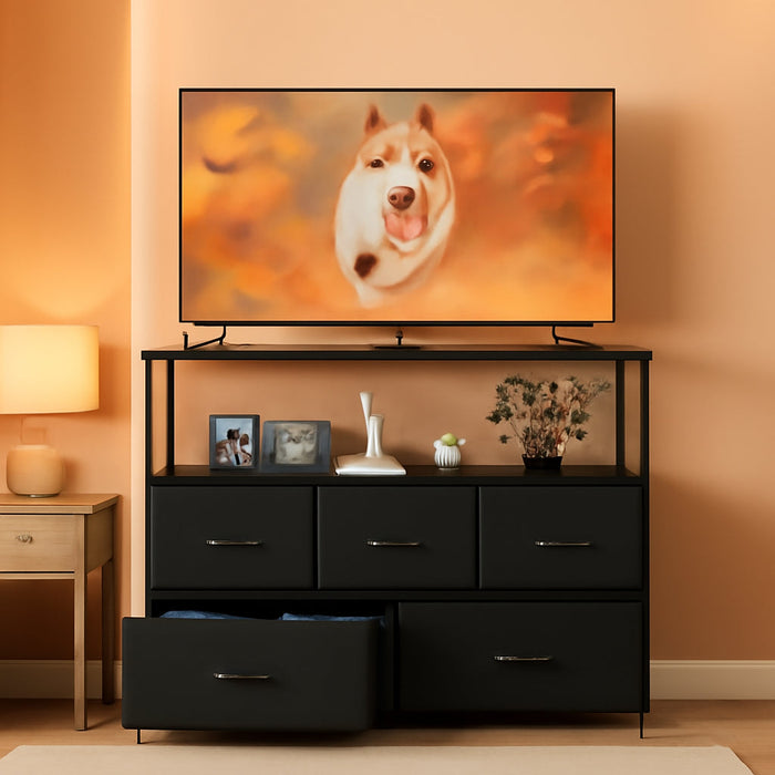 5 Fabric Drawer Dresser TV Stand for Bedroom, Entertainment Center for 45 Inch TV with Storage Drawer Unit, Open Shelf, Adjustable Feet, Living Room, Black