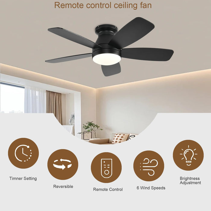 42Inch Ceiling Fans with Lights, Low Profile Ceiling Fan with Light and Remote Control, Flush Mount, Reversible DC Motor, Dimmable, Quiet, Black Small Ceiling Fan for Bedroom Indoor/Outdoor Use