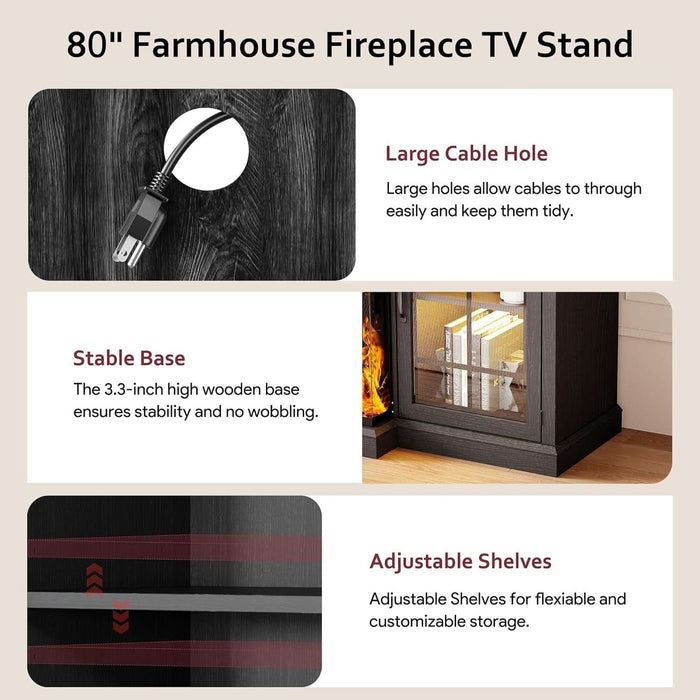 80" Fireplace TV Stand with 3-Sided Glass, TV Cabinet for Tvs up to 90", Modern Media Entertainment Center with Farmhouse Glass Door Storage Cabinets, for Living Room, Black