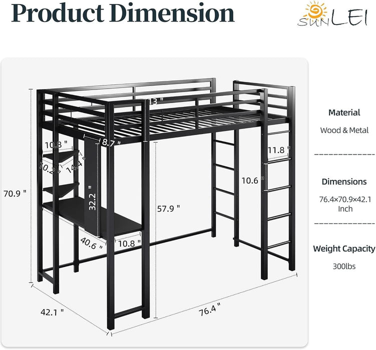 Loft Bed with Desk, Metal Loft Bed Twin Size with 2 Built-In Ladders, with Safety Guard,Space-Saving Bed Frame, Noise Free for Small Bedroom, Black (Twin Size)
