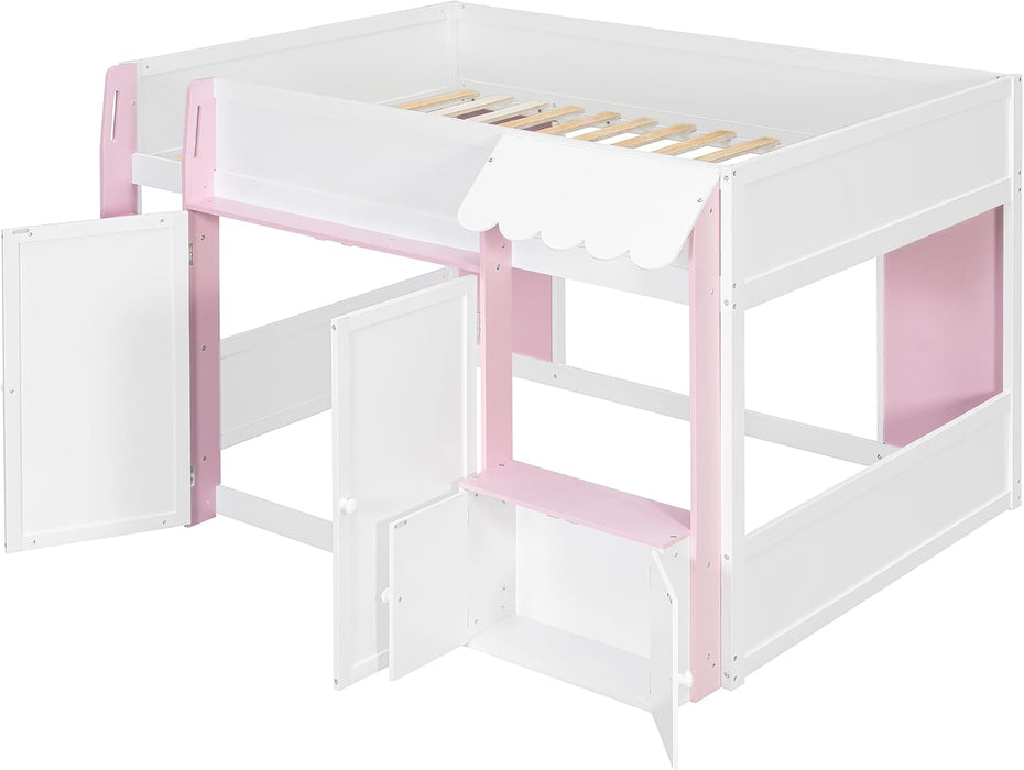 Full Size Loft Bed With Playhouse Cabinets