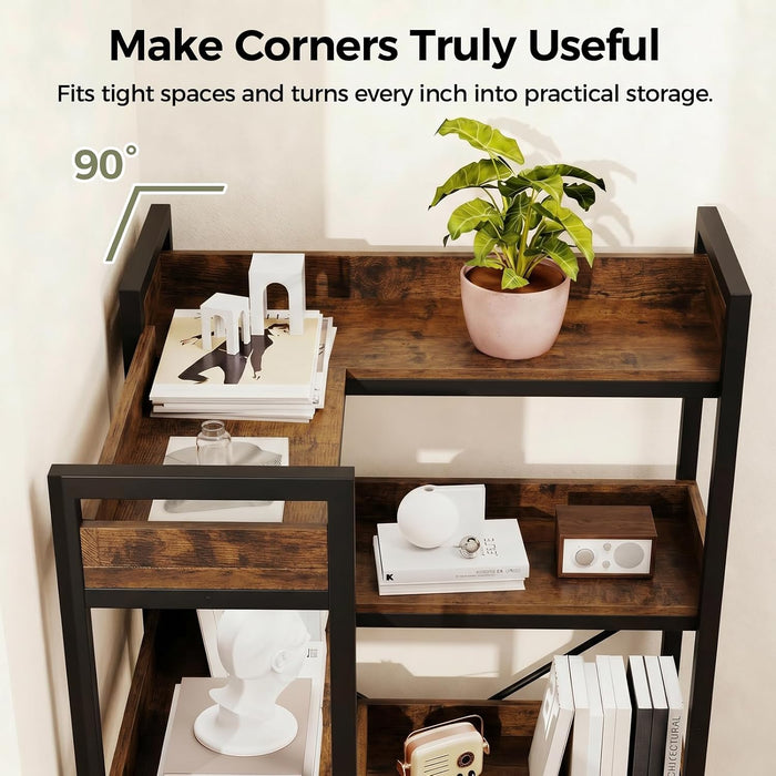 5-Tier Corner Bookshelf, L-Shaped Metal Frame Shelf with Tall 14" Shelves, Plant Stand and Storage Rack for Small Spaces, Living Room and Home Office, Brown