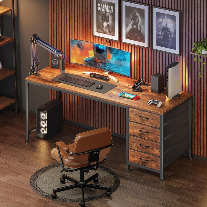 55.1 Inch Computer Office Desk with Power Outelts and USB-C Port, Reversible Gaming Desk with 4 Fabric Drawers, Work Study Desk Work from Home, Rustic Brown
