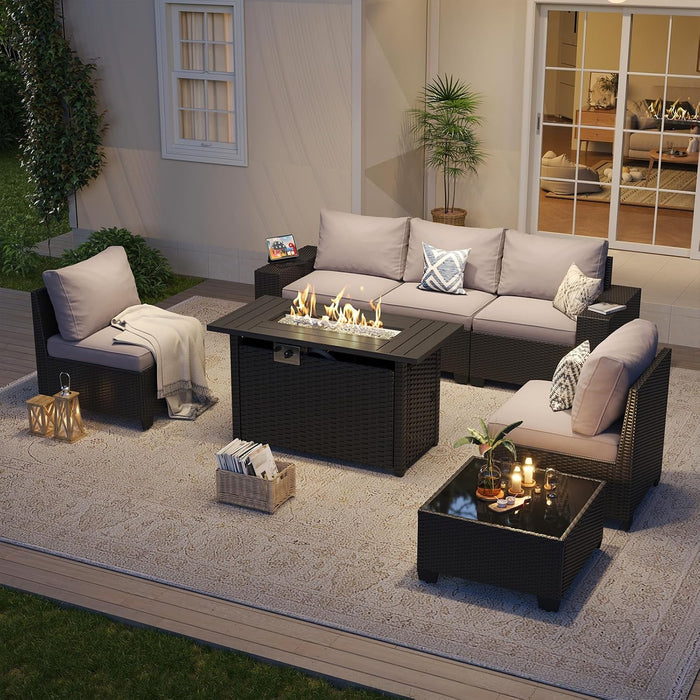 Outdoor Patio Furniture Set with 44'' Fire Pit Table, 7 Pcs Outdoor Sectional with 4In Thicken Cushion, Widen Armrests Wicker for Backyard, Grey