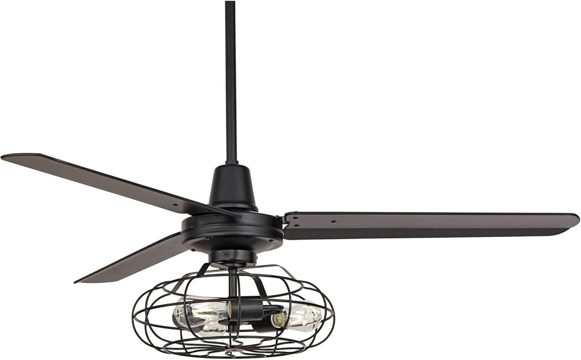 52" Plaza Rustic Industrial Vintage 3 Blade Ceiling Fan with Light Kit LED Remote Control Matte Black Cage 3-Light for House Bedroom Living Room Home Kitchen Dining Office