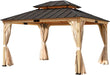 11' X 13' Asphalt Hardtop Gazebo, Spruce Wood Double Roof Gazebo with Curtains and Meshes, Canopy Gazebo with Waterproof Coated Wood Frame for Patios, Gardens, Lawns, and Backyards