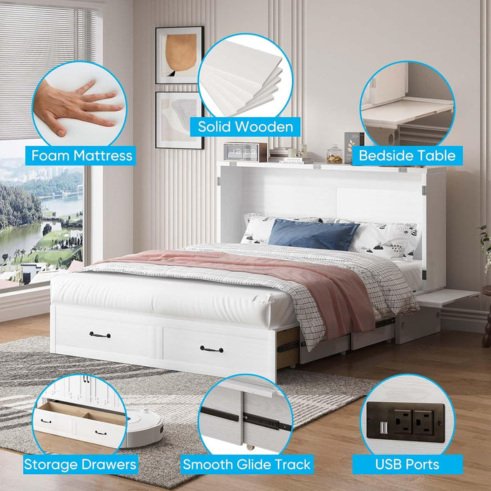 Murphy Bed, Queen Size Cabinet Bed with USB Ports & 2 Large Drawers, Hidden Guest Beds with Tri-Folding Mattress, Multifunctional Adult Murphy Cube Beds for Guest Room Bedroom Offices, White
