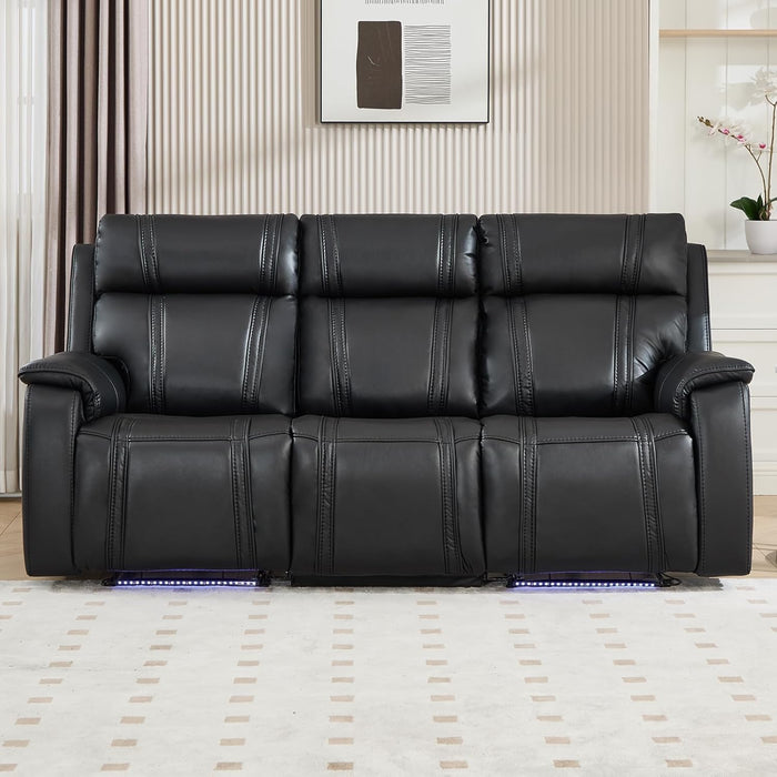 Power Recliner Sofa Set with Flip Middle Backrest, Living Room Furniture Sets, Leather 3 Seater Reclining Sofa Couch with Ambient Lighting, Cup Holders, Side Pocket for Living Room, Black
