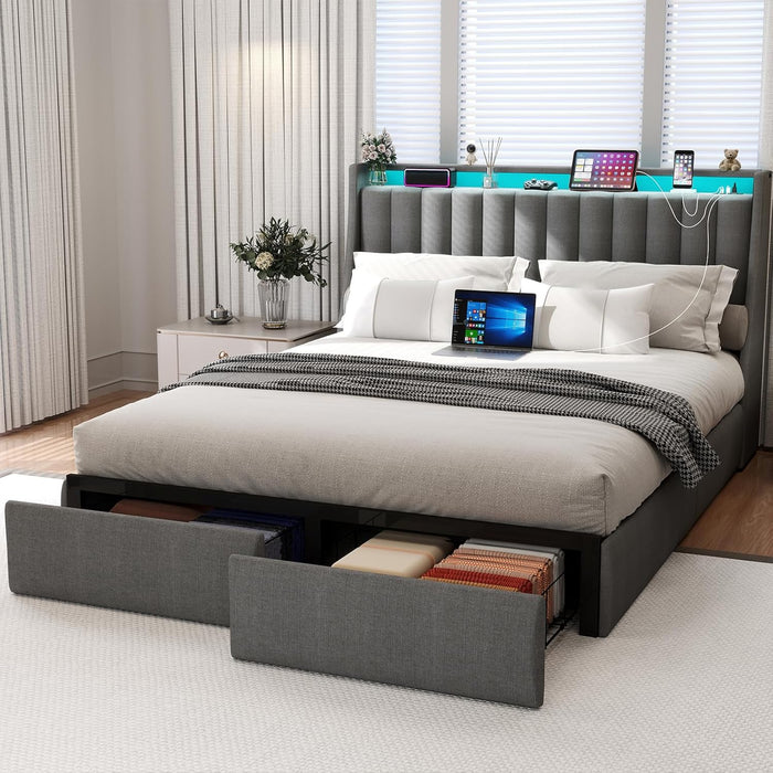 Queen Bed Frame with 2 Storage Drawers, Platform Bed Frame Queen Size with LED Light, Upholstered Headboard, Charging Station, Steel Slat Support, No Box Spring Needed, Noise-Free, Easy Assembly, Gray