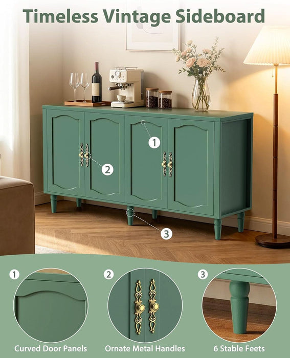 63" Sideboard Buffet Cabinet, Mid Century Modern Credenza Storage Cabinet with Carved Handle & Adjustable Shelves, Buffet Table Kitchen Coffee Bar for Living Room Dining Room - Green