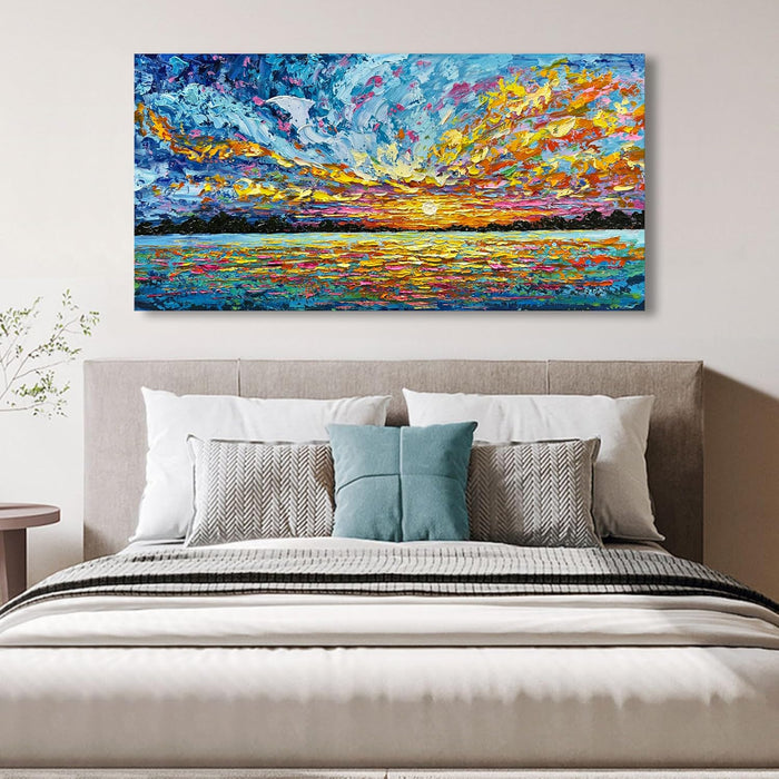 Art 30X60 Inch Hand-Painted Sea Sunrise Landscape Modern Abstract Oil Painting Large Canvas Art Hall Bedroom Office Wall Decoration