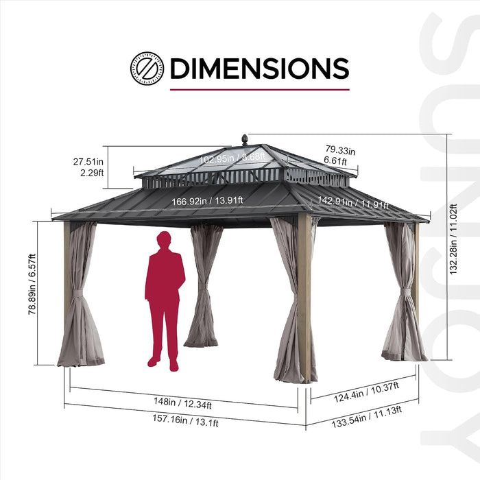 14x12 Hardtop Cedar Wood Gazebo PolycarbonateRoof CurtainsNetting
