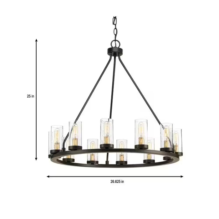 Hartwell 27 In. 12-Light Antique Bronze Farmhouse Wagon Wheel Chandelier with Clear Seeded Glass and Brass Accents