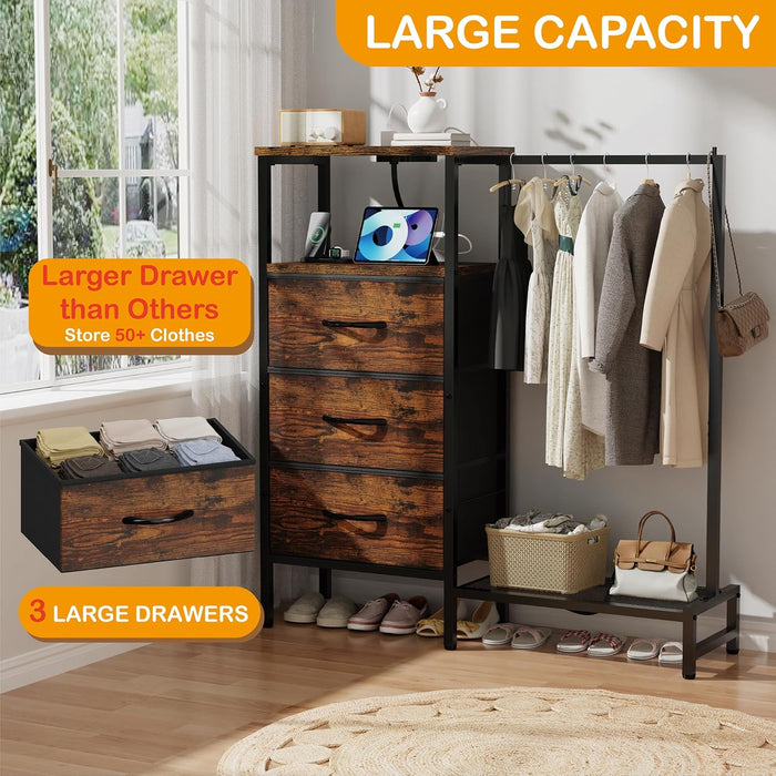 Dresser for Bedroom with Hanging Rack, 3 Drawers Closet with Charging Station, Fabric Chest of Drawers with Clothes Rack, Storage Organzier for Hallway Entryway, Brown