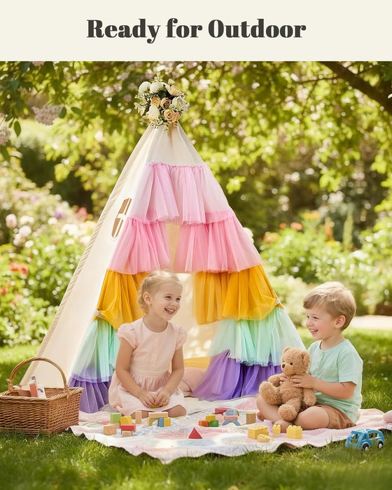 Teepee Tent for Kids, Toddler Teepee with Star Lights & Rainbow Tulle, Girls Princess Play Tent, Foldable Kids Teepee Tent for inside Playhouse Kid Toy Gift