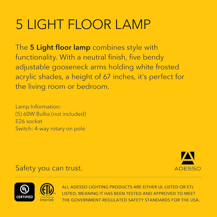 Floor Lamp with 5 Movable Shades & Adjustable Brightness – Perfect Lighting for Bedroom Decor, Beauty & Art Studio, Silver