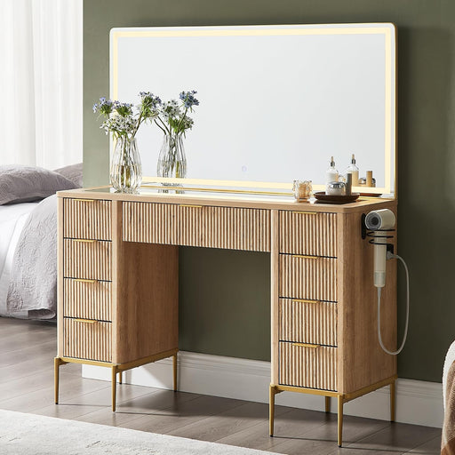 48" Fluted Makeup Vanity Desk with 48" Large Mirror and HD Lights, Modern Vanity Table with 9 Drawers & Charging Station, Glass Top and Golden Handles Dressing Table for Bedroom,Natural Oak