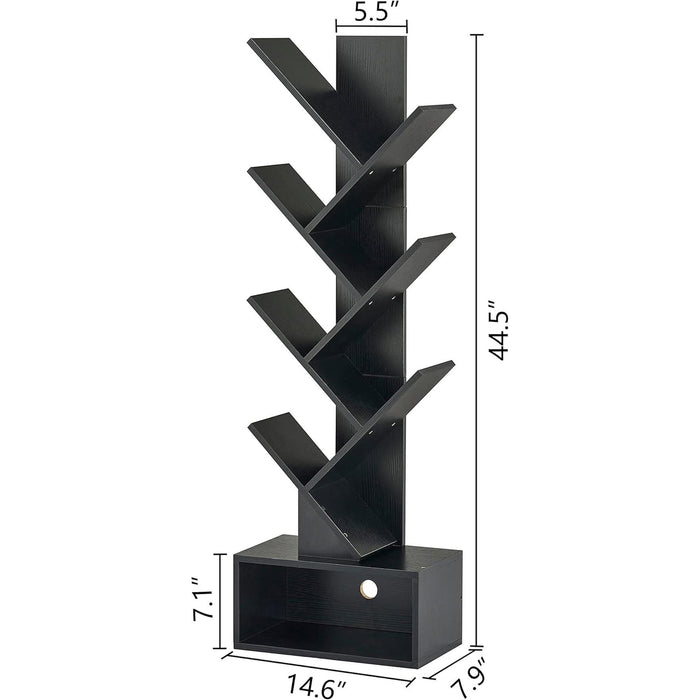 6 Tier Tree Bookshelf, Tall Bookcase with Drawer, Freestanding Book Shelf, Display Floor Standing Storage Shelf, Book Organizer Shelves for Home Office, Living Room, Bedroom, Black