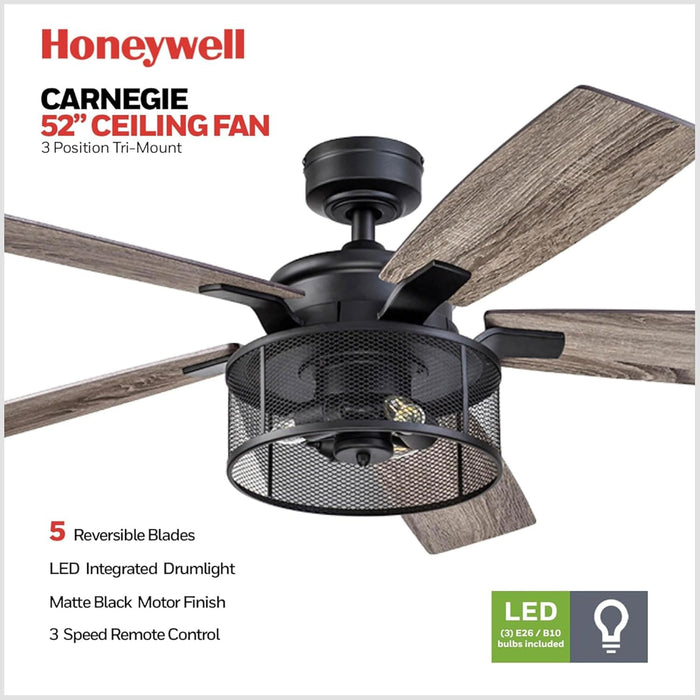 Ceiling Fans Carnegie Industrial 52 Inch Ceiling Fan with Light, Remote Control Fan, LED Indoor Fan with 5 Blades, Gray Pine and Brown Chestnut Blade Finish Options, Matte Black (50614-01)