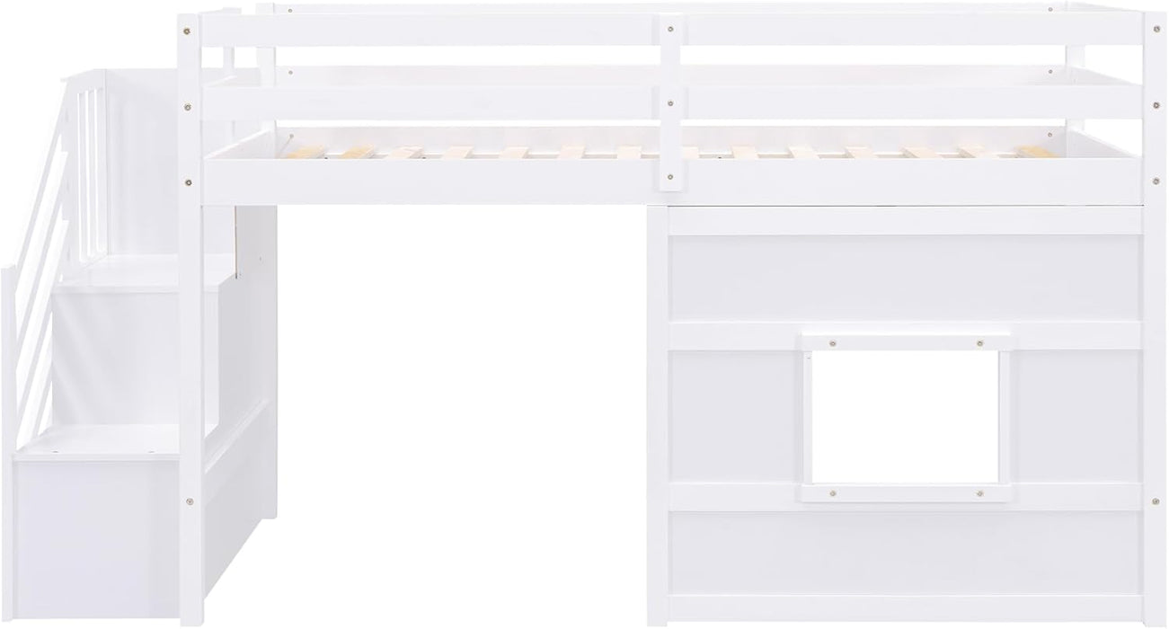 Low Loft Bed with Stairs, Twin Size Storage Loft Bed Frame with Staircase and Window, Wood Kids Loft Bed with Steps for Boys Girls Teens, White