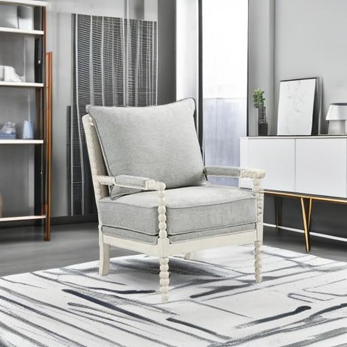 Kaylee Spindle Accent Chair with Antique White Wood Frame, Smoke Grey Fabric