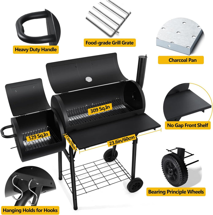 Outdoor Charcoal Grill with Smoker,  14Inch Wide Charcoal Grill with Offset Smoker for Backyard Party Cooking, 438 Sq.In. BBQ Cooking Surface,Black