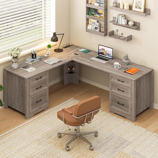 Farmhouse Home Office Desk with 6 Drawers, L Shaped Executive Desk with Power Outlets and Triangle Under-Desk Storage Shelf & Drawer File Cabinet, Corner Computer Desk, Grey