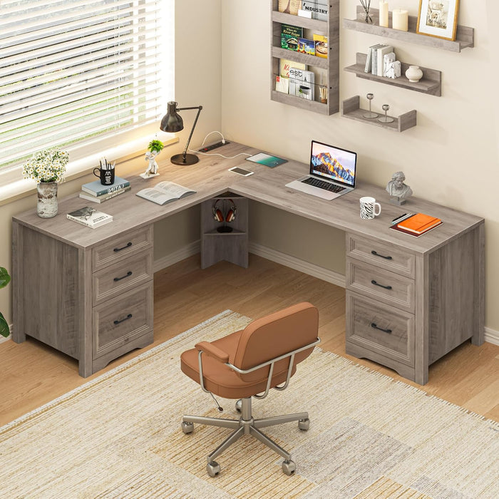 Farmhouse Home Office Desk with 6 Drawers, L Shaped Executive Desk with Power Outlets and Triangle Under-Desk Storage Shelf & Drawer File Cabinet, Corner Computer Desk, Grey