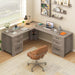 Farmhouse Home Office Desk with 6 Drawers, L Shaped Executive Desk with Power Outlets and Triangle Under-Desk Storage Shelf & Drawer File Cabinet, Corner Computer Desk, Grey