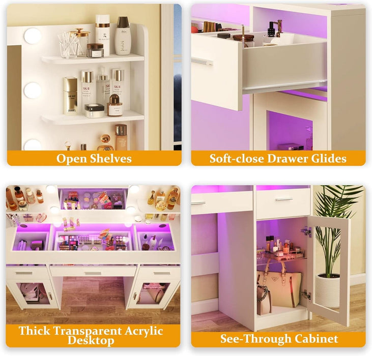 Vanity Desk, Makeup Vanity Desk with Mirror and Lights 3 Colors, Transparent Top with 3 RGB Drawers, 6 Shelves, 2 Large Tempered Cabinets, Power Outlet, for Bedroom, White