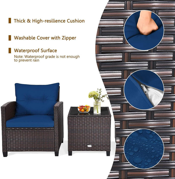 3 Piece Patio Furniture Set, Outdoor Conversation Set with Washable Cushions & Tempered Glass Tabletop, PE Rattan Wicker Bistro Set for Porch, Garden, Balcony (Navy Blue)