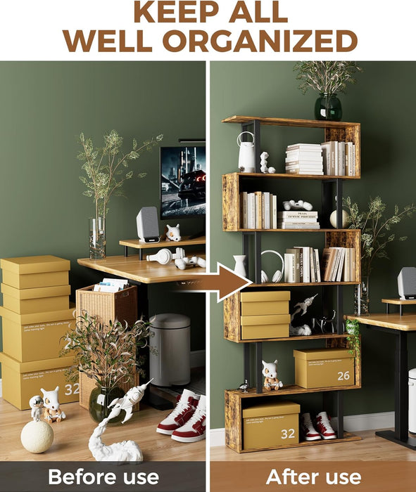 6 Tier Geometric Bookcase,S Shaped Bookshelf, Wood Decorative Storage Shelving, Modern Freestanding Display Shelves, Tall Book Shelf Unit for Living Room Bedroom, Rustic Brown