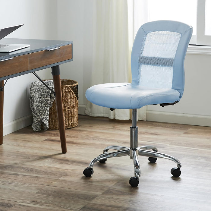 Essential Armless Deskchair, Small Task Chair with Wheels, Breathable Mesh Back, quality Foam Cushion Seat for Comfort, Functional, Lightweight and Versatile, Sky Blue
