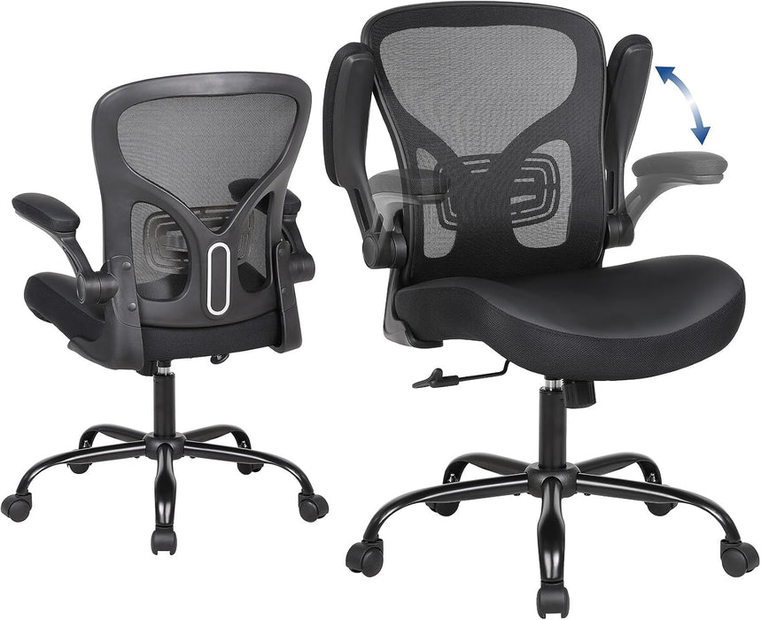 Ergonomic Office Chair, Flip-Up Armrest, Mesh Back PU Leather Seat