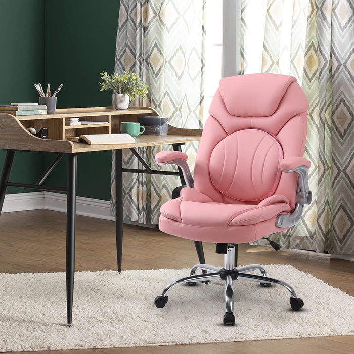 Ergonomic Executive Office Chairs with Adjustable Lumbar Support, 90-120° Rocking Managerial Chair Swivel Desk Chairs with Padded Flip-Up Armrests (Pink), Medium(300Lbs)