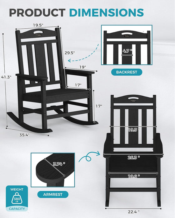 Oversized Outdoor Rocking Chair, 380Lbs Heavy-Duty Large Patio Rocker, Weather Resistant & Anti-Fade Porch Chair, High Back Cozy Rocking Chair for Outside, Fire Pit, Deck, Garden, Black