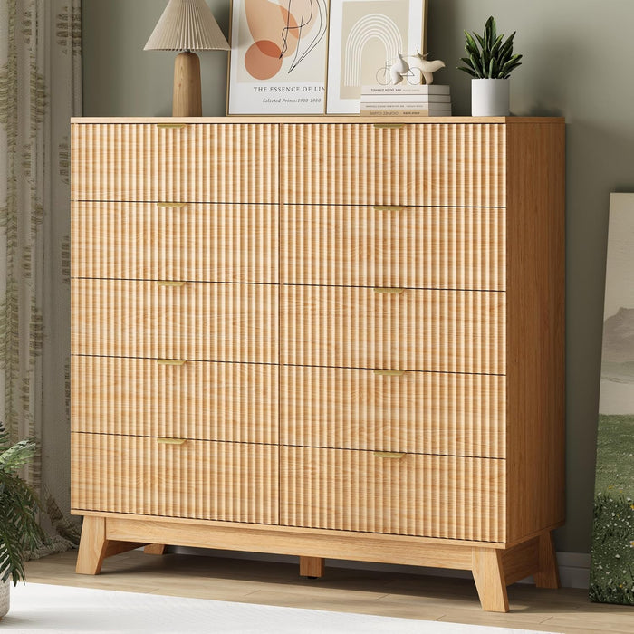 Fluted Dresser for Bedroom with 10 Drawers, 48" Wide Modern Chest of Drawers with Metal Handle, Wooden Dresser TV Stand, Wood Closet Clothes Storage Organizer for Living Room, Hallway, Natural Oak