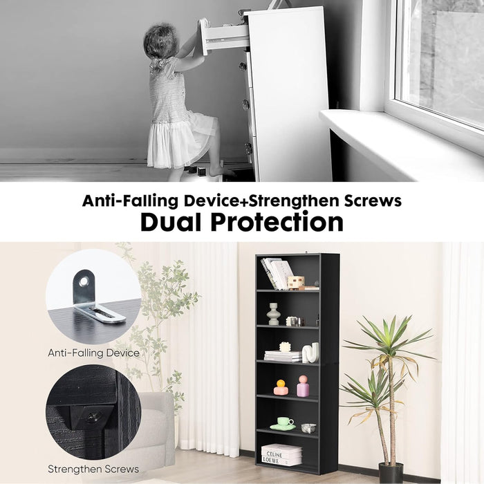 Industrial 6 Shelf Bookcase - Large 63 Inch Tall Floor Standing Open Bookshelf with Anti-Tipping Device for Home Office, Living Room, and Bedroom Storage, Black