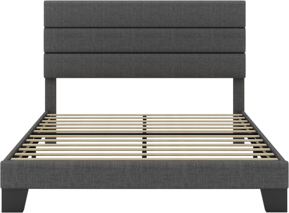 Full Platform Bed Frame with Upholstered Fabric Headboard, Mattress Foundation with Strong Wooden Slats Support, No Box Spring Needed, Grey