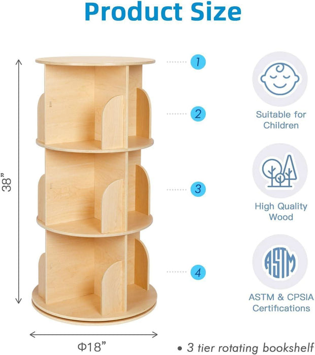 Kids Rotating Bookshelf, Small Corner Bookshelf for Small Space, 360° Display 3 Tier Floor Standing Bookcase Storage Rack, Wooden Narrow Bookcase Organizer for Bedroom, Living Room