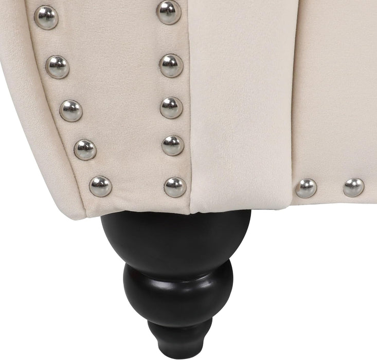 3 Pieces of Living Room Furniture Sofa Sets, Modern Velvet Chesterfield Sofa&Chesterfield Club Chair&Chesterfield Loveseat Sofas Set with Nailhead Trims Scroll Arms for Living Room (Beige)