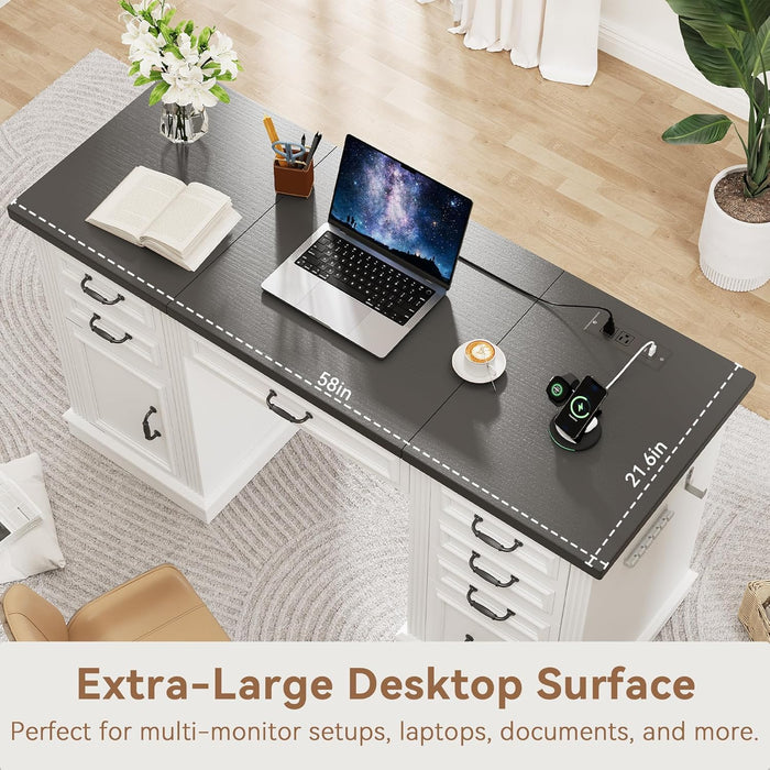 57" Lift Executive Desk with Drawers, Farmhouse Home Office Desk with File Cabinet Storage, Computer Desk with Charging Station & Headphone Hook for Work/Study/Writing (White & Black, Lift)