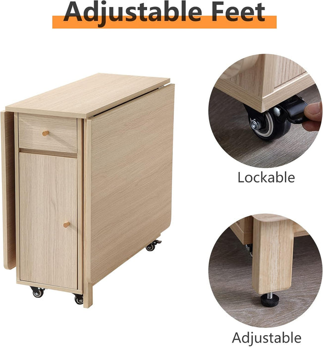 Drop Leaf Folding Dining Table with Storage, Wheels, Space Saving | Foldable Design, 18Mm Thick Plywood, 300 Lbs Capacity, Locking Wheels, Farmhouse Style, for Living Room Kitchen Small Spaces