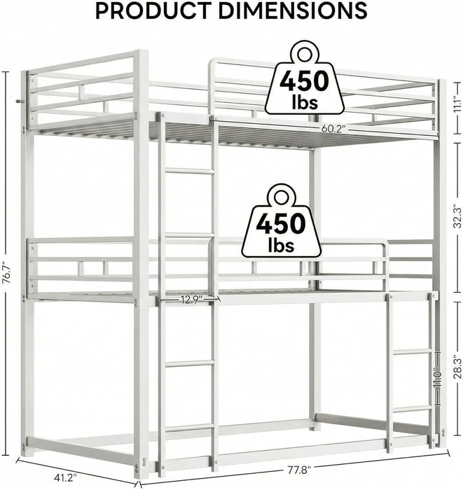 Bunk Bed, Triple Bunk Beds with 2 Ladders, Bunk Beds Twin over Twin over Twin, Metal Bed Frame with Guardrails for Bedroom, No Box Spring Needed, White