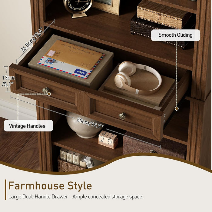 Arched Bookshelf, 73" Tall Arch Bookcase with Drawers, 6-Tier Farmhouse Book Shelf, Wooden Bookshelf with Open Display Shelves for Living Room, Office, Adjustable Shelf, Walnut