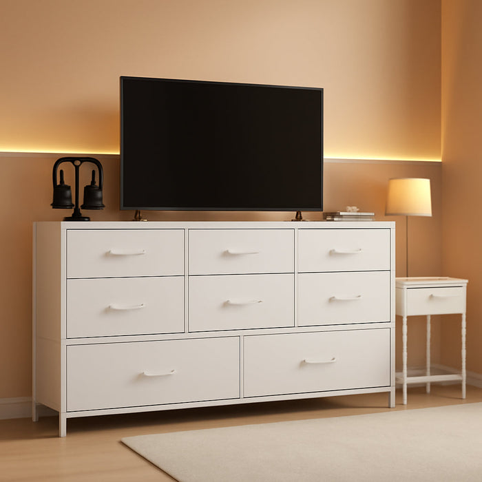 White Dresser with 9 Large Drawers for 55'' Long TV Stand Entertainment Center, Wide Wood Shelf Storage for Bedroom,Living Room,Closet,Entryway,Sturdy Metal Frame