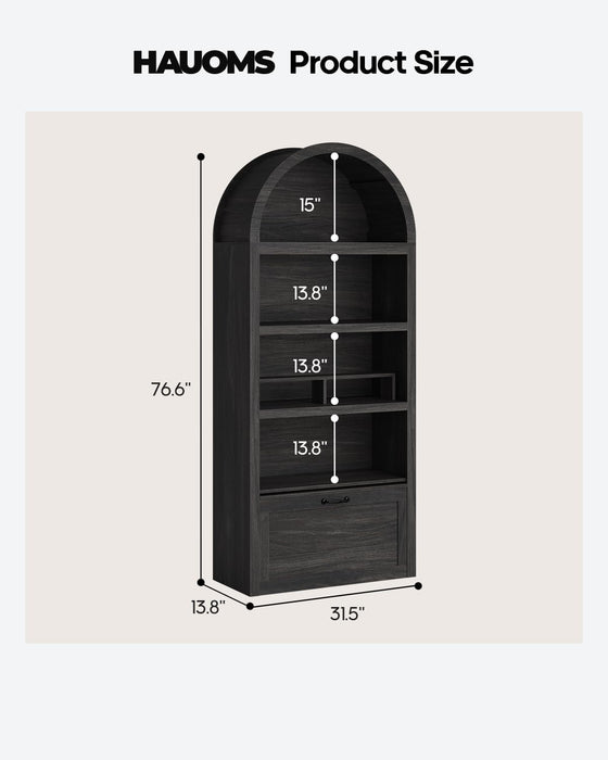 76.6" Arched Bookshelf with Rolling Storage Bench, Wood Tall Arch Bookcase | 5-Tier with Bookshelf Riser, Multi-Functional Display Cabinet, Bookshelf with Storage for Living Room, Entryway