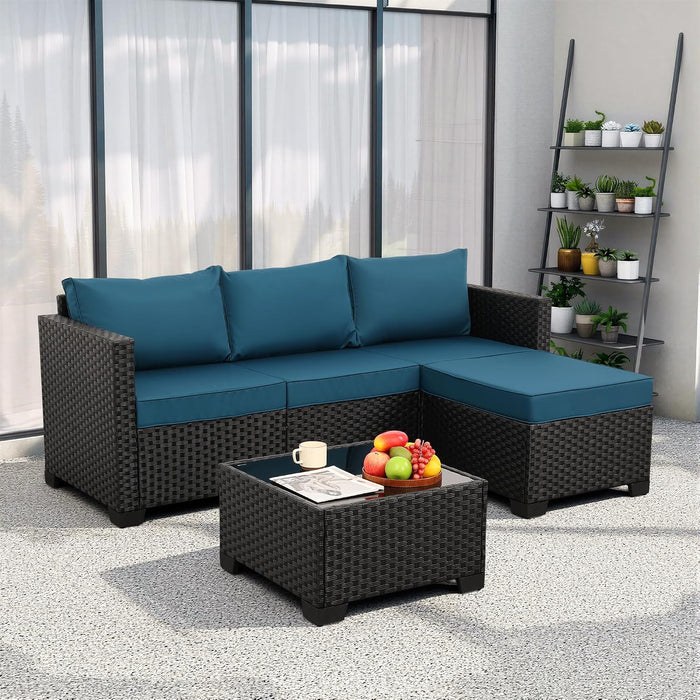 Outdoor Furniture Set 3 Pieces Wicker Patio Furniture Outdoor Sectional Patio Couch Outdoor Coffee Table All-Weather Non-Slip Cushions Waterproof Covers, Peacock Blue