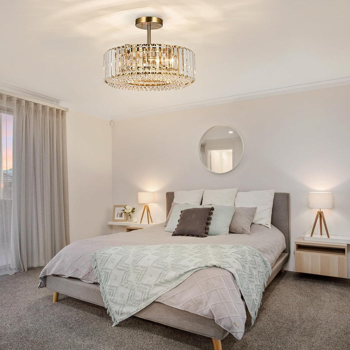 Gold Crystal Chandelier Semi Flush Mount Luminaire